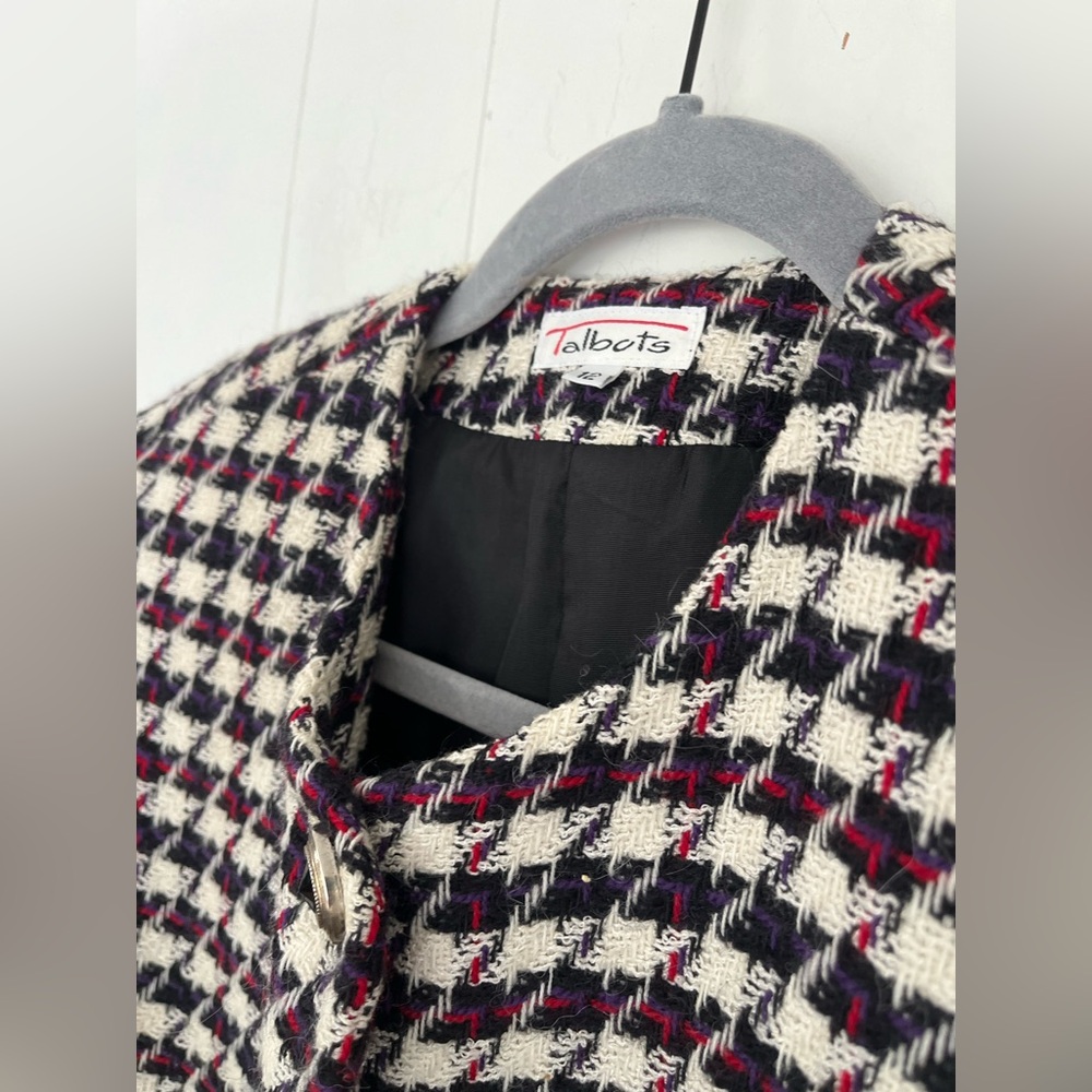 VTG Talbots Wool Tweed Blazer Black White Purple Red Houndstooth Blazer Size 12 - Picture 10 of 16